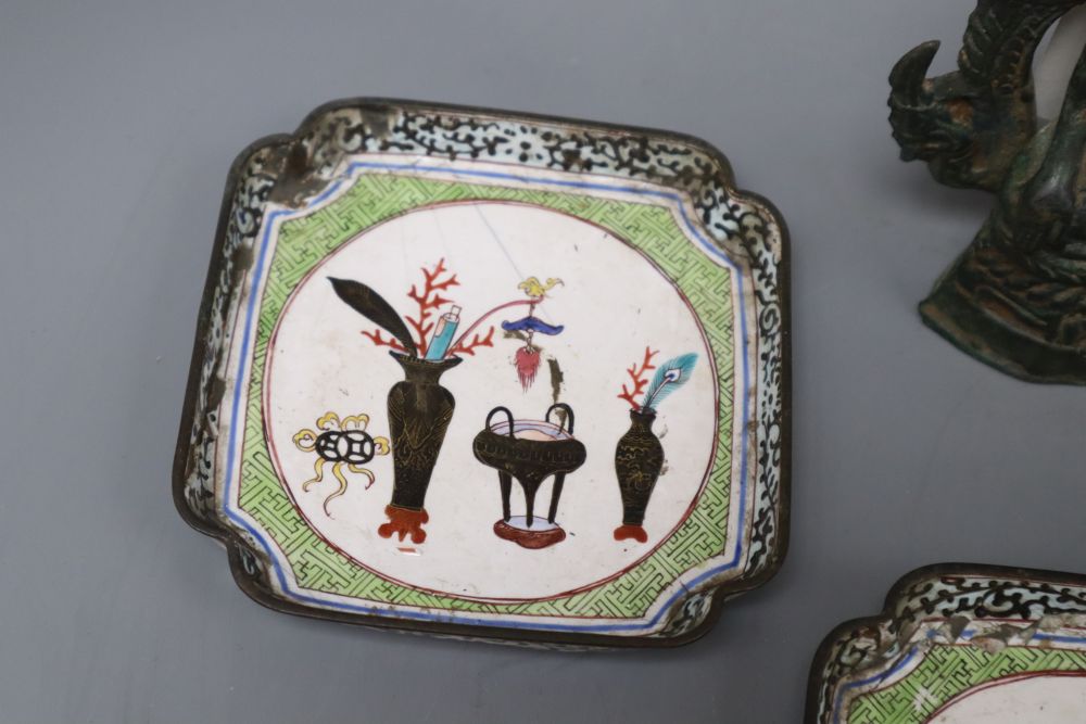 A 19th century bronze Thai standing figure, a Thai bronze seated figure and four Canton enamel dishes